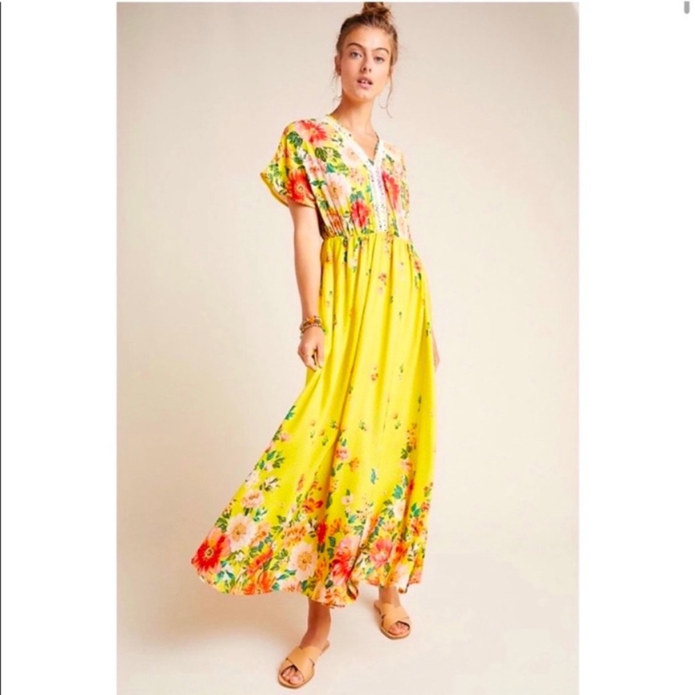 FARM RIO for Anthropologie Samara floral yellow maxi dress Medium,pocket…